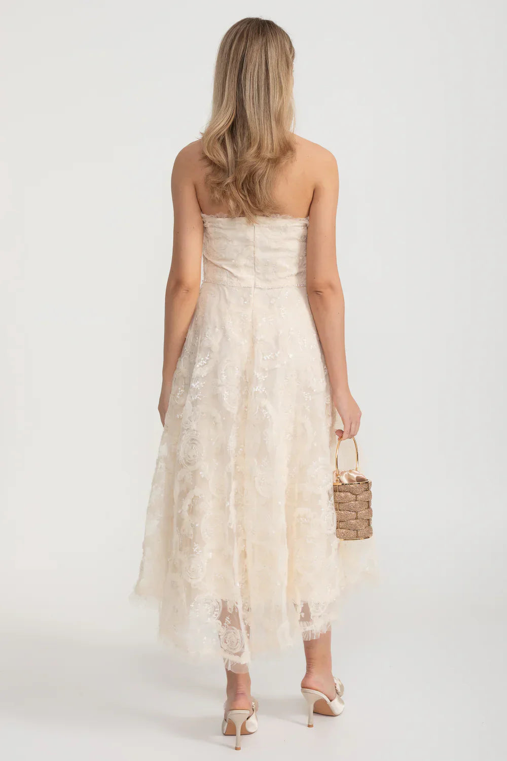 Olyssa Gövdesi Gömme ve Çiçek Motifli Straplez Dantel Elbise - Ivoire