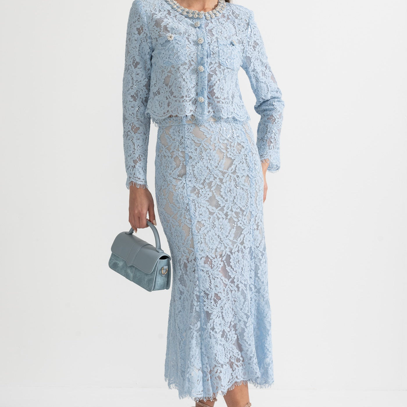 Olyssa Işıltılı Yaka Süslemeli ve Midi Etekli Dantel Takımı