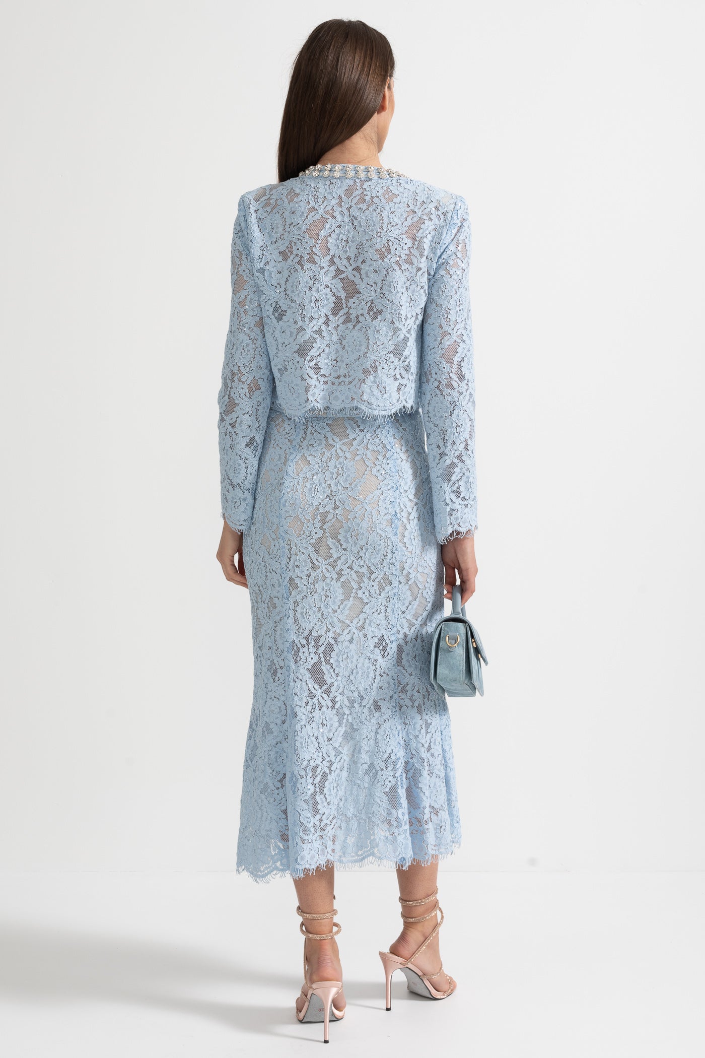 Olyssa Işıltılı Yaka Süslemeli ve Midi Etekli Dantel Takımı