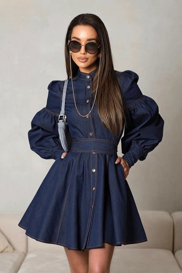 Olyssa Lena Puf Kollu Kot Mini Elbise