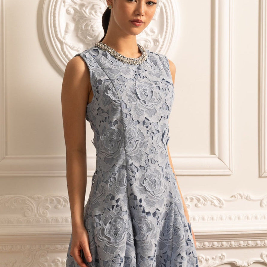 Olyssa Işıltılı Yakalı Çiçek Desenli Dantel Mini Elbise - Mavi