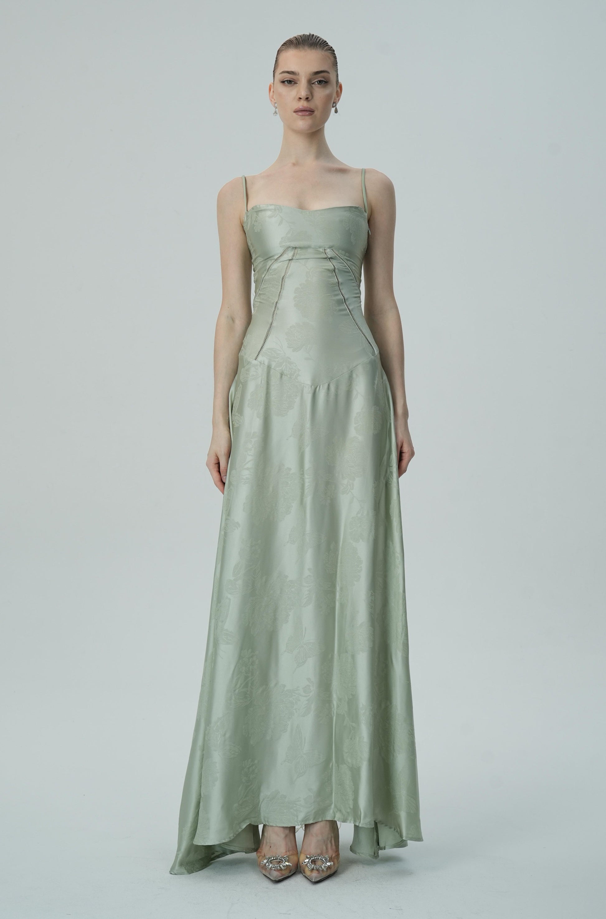 Lavanta Çiçekli Jakarlı Saten Maksi Elbise