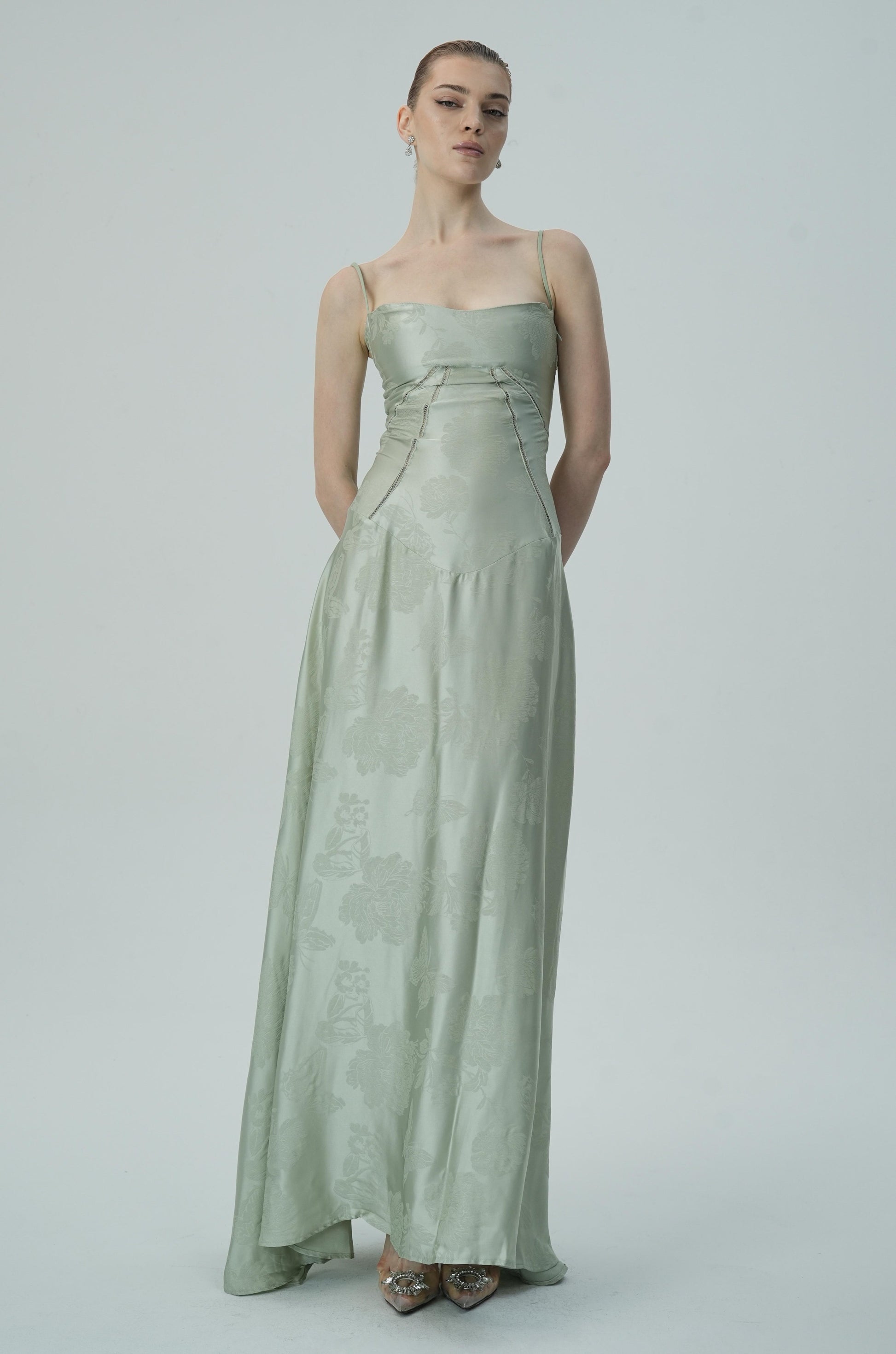 Olyssa Lavanta Çiçekli Jakarlı Saten Maksi Elbise