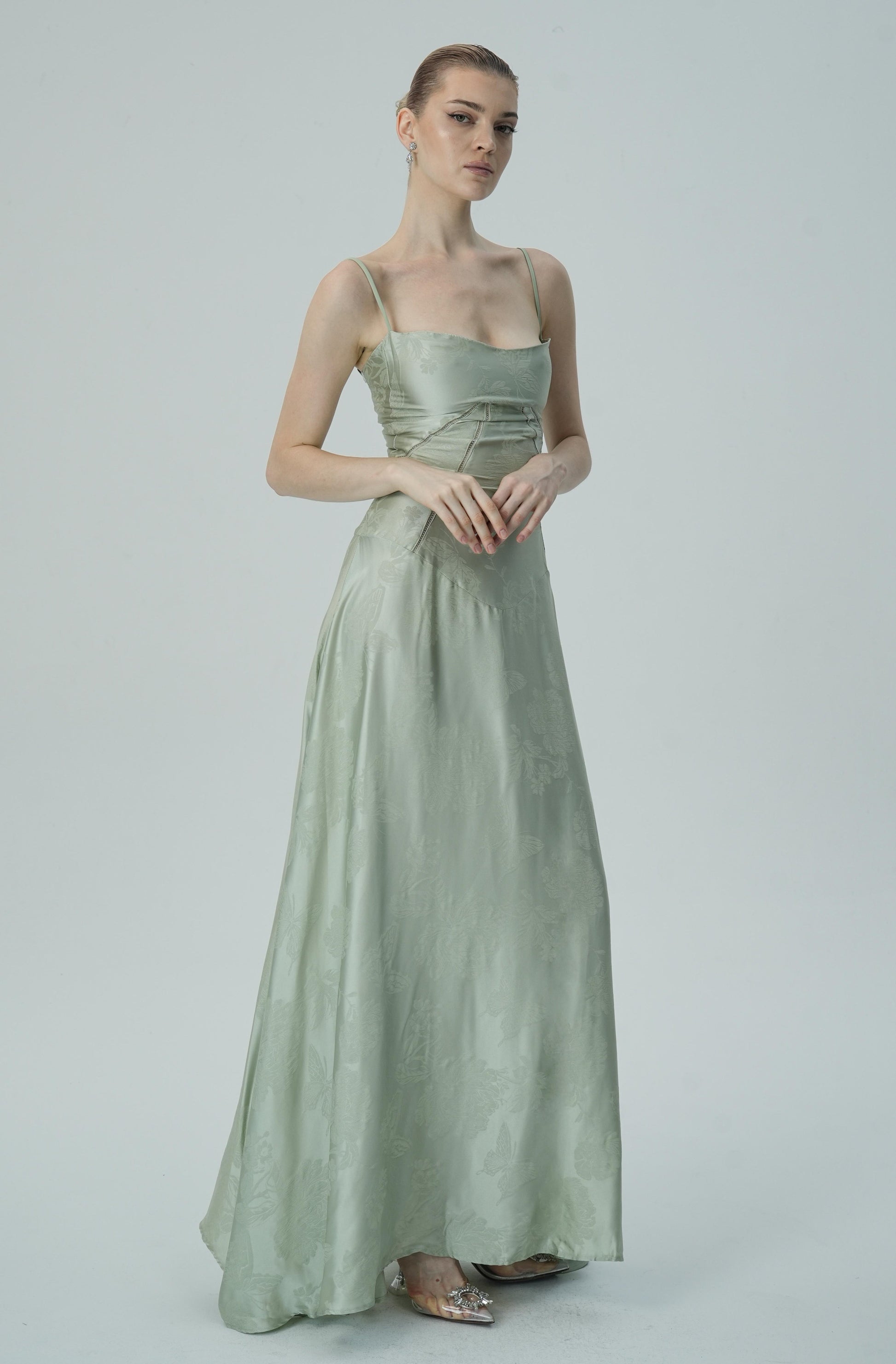 Lavanta Çiçekli Jakarlı Saten Maksi Elbise