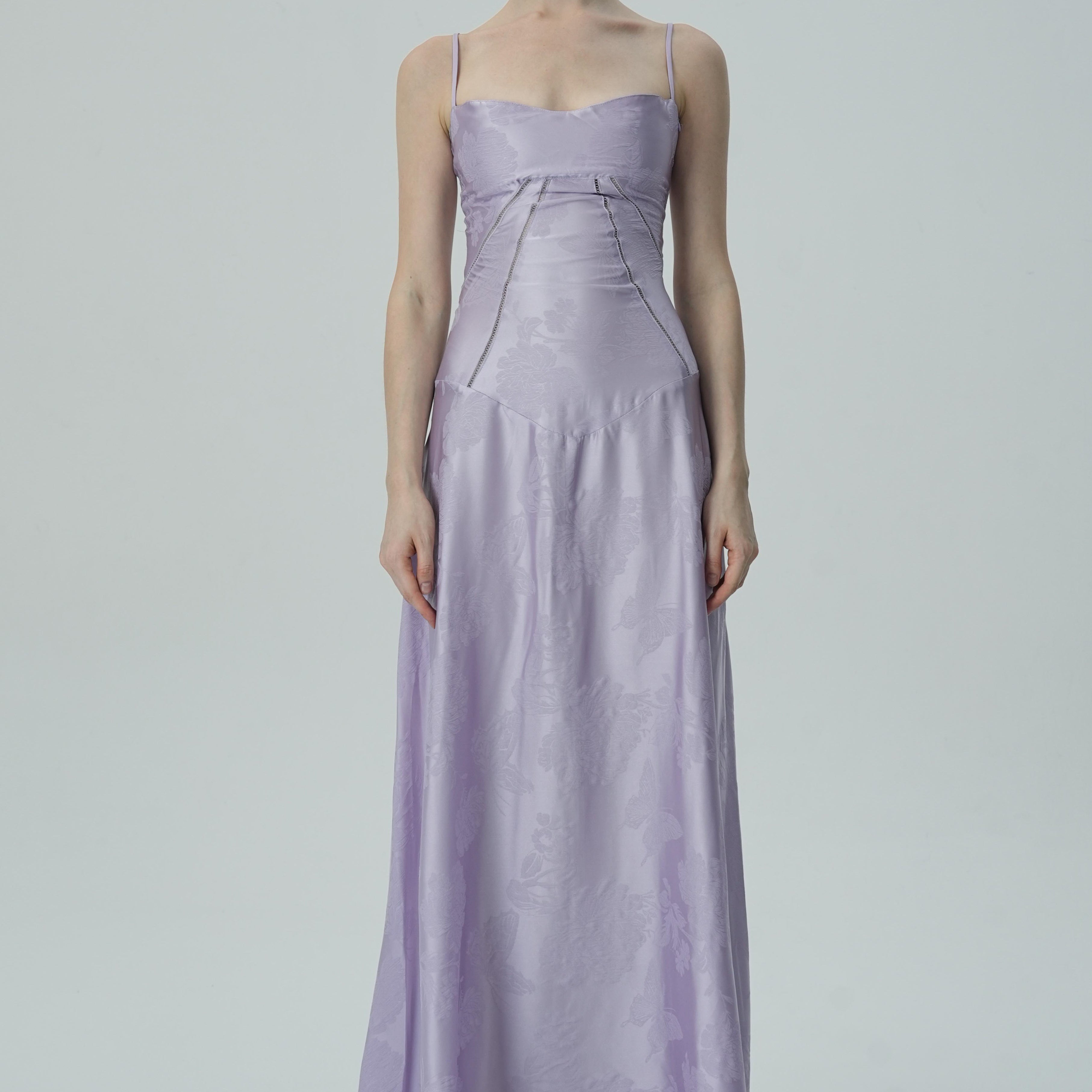 Olyssa Lavanta Çiçekli Jakarlı Saten Maksi Elbise