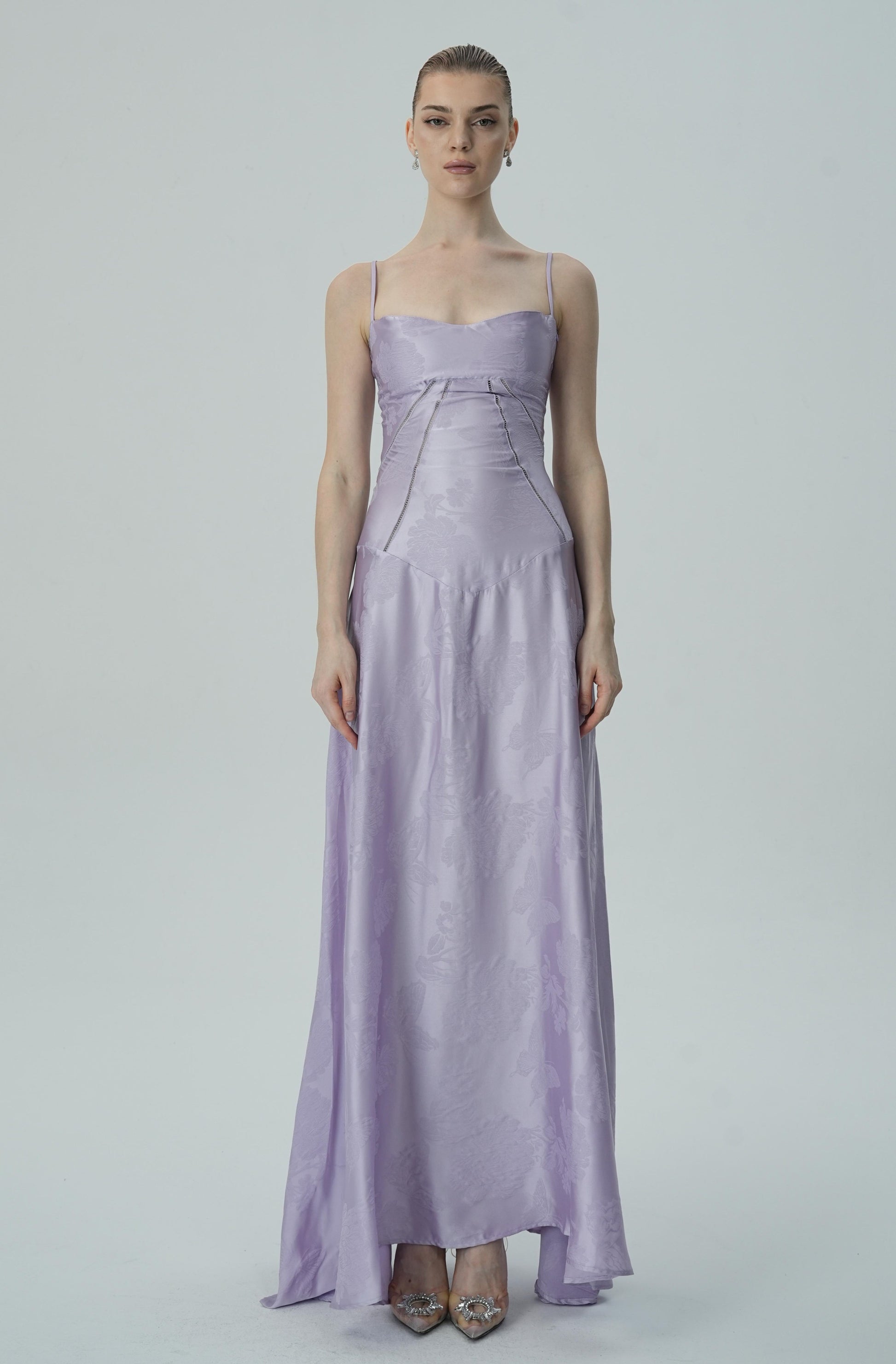 Olyssa Lavanta Çiçekli Jakarlı Saten Maksi Elbise