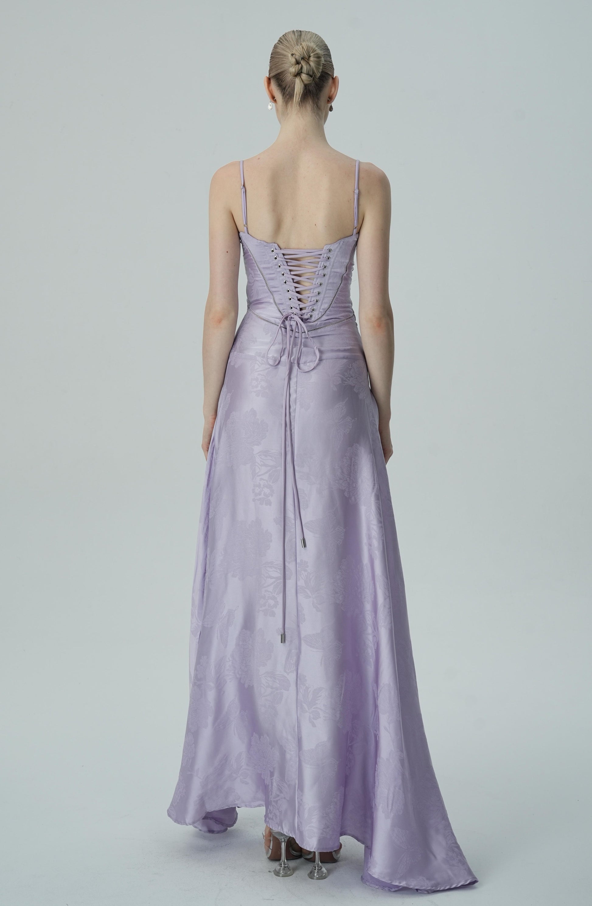 Lavanta Çiçekli Jakarlı Saten Maksi Elbise