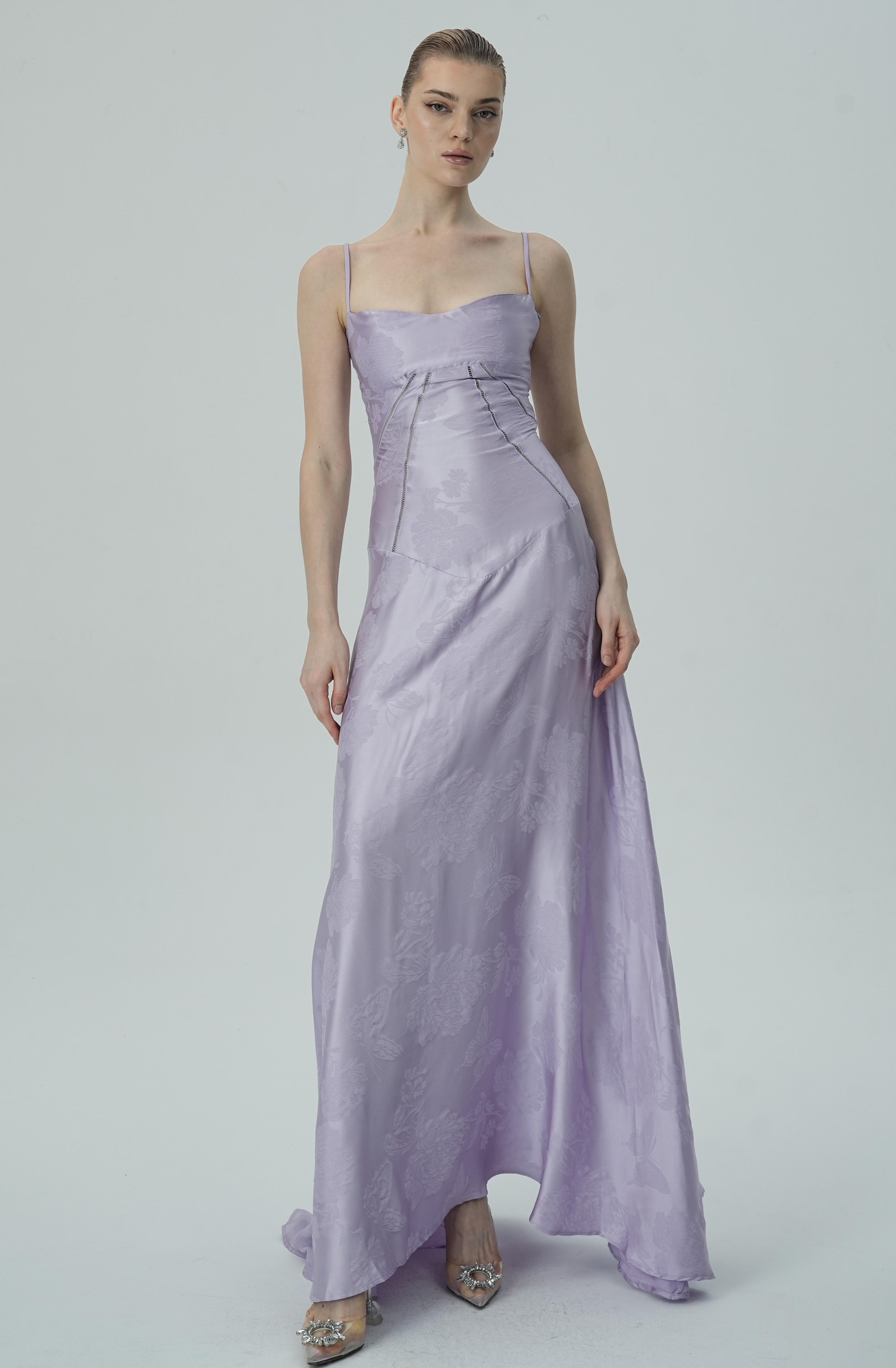 Olyssa Lavanta Çiçekli Jakarlı Saten Maksi Elbise