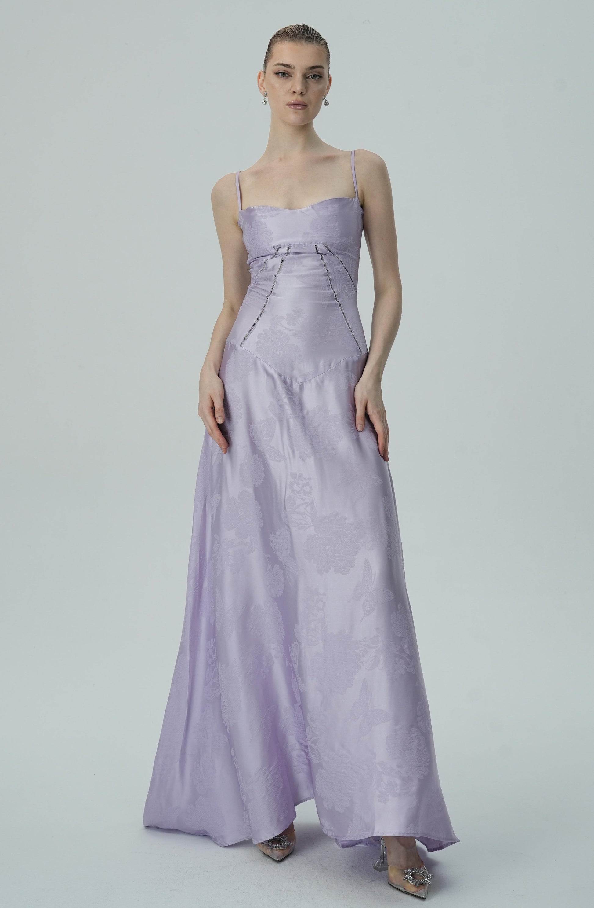 Lavanta Çiçekli Jakarlı Saten Maksi Elbise