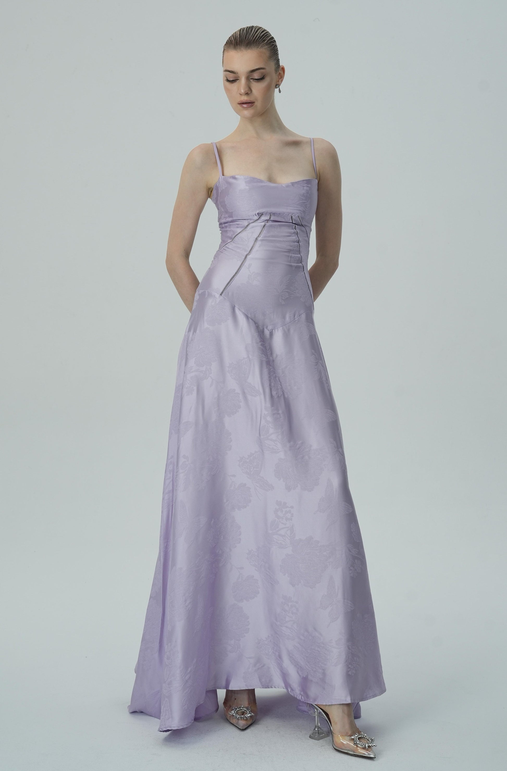 Lavanta Çiçekli Jakarlı Saten Maksi Elbise