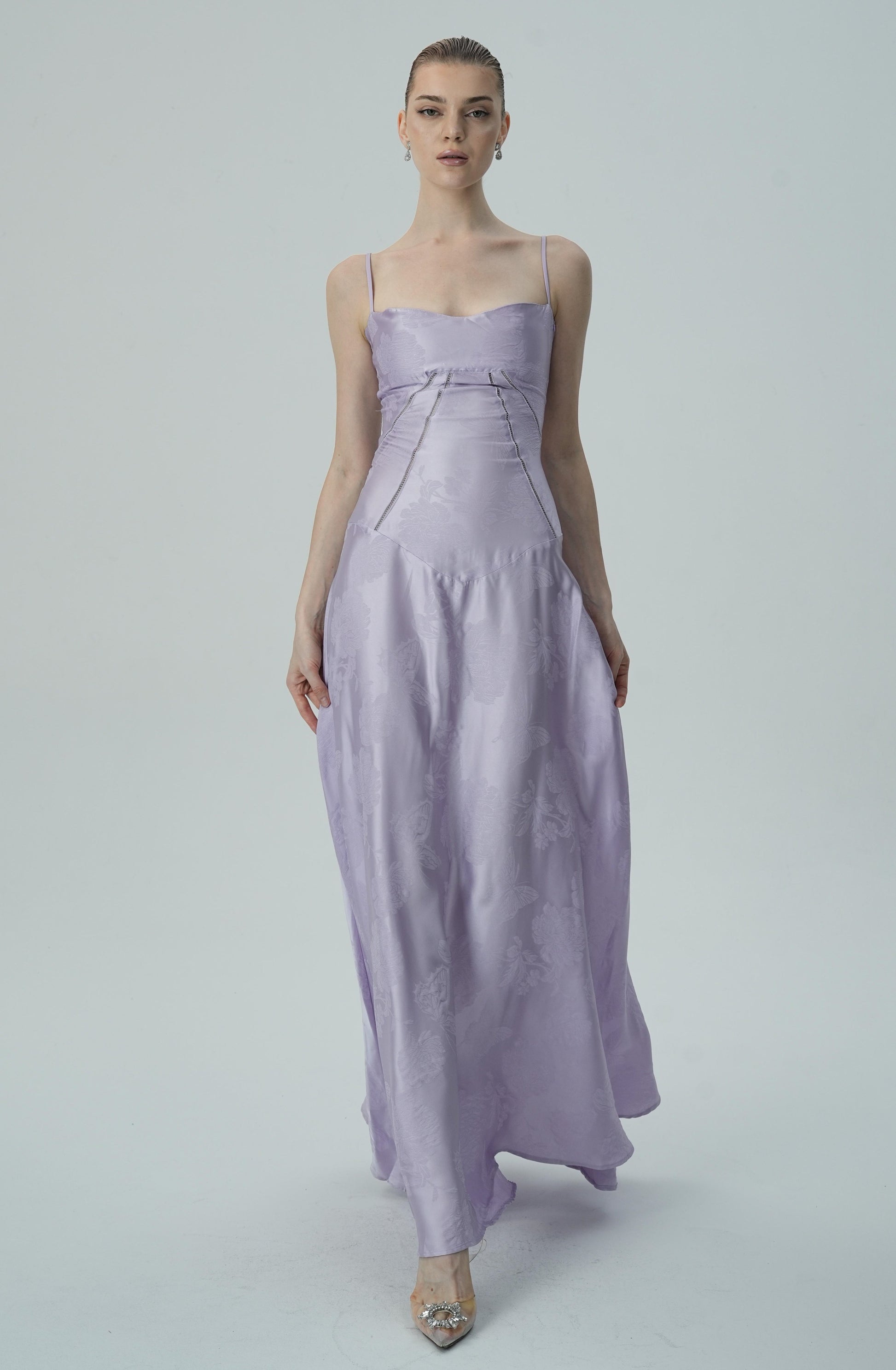 Olyssa Lavanta Çiçekli Jakarlı Saten Maksi Elbise