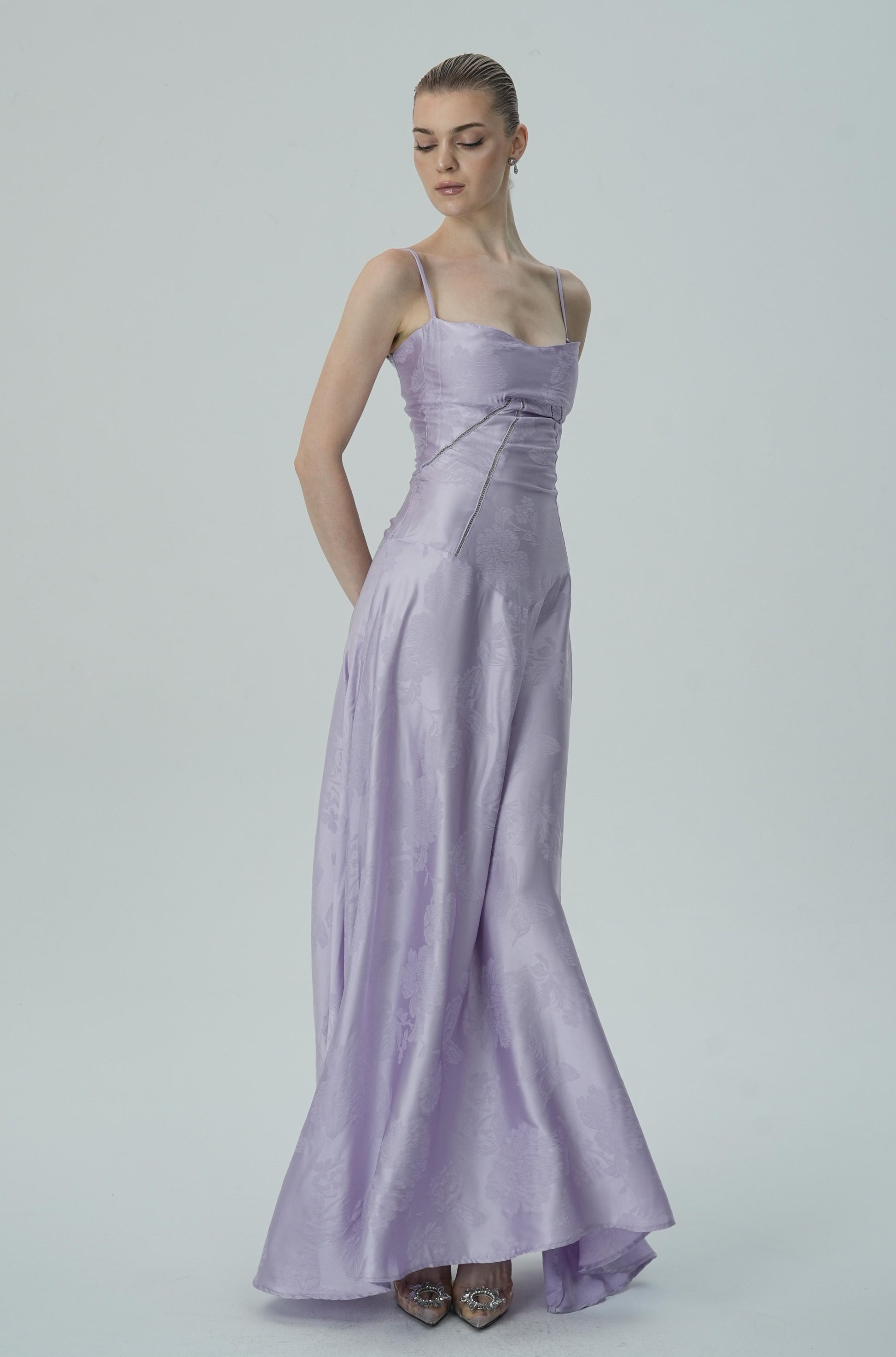 Olyssa Lavanta Çiçekli Jakarlı Saten Maksi Elbise