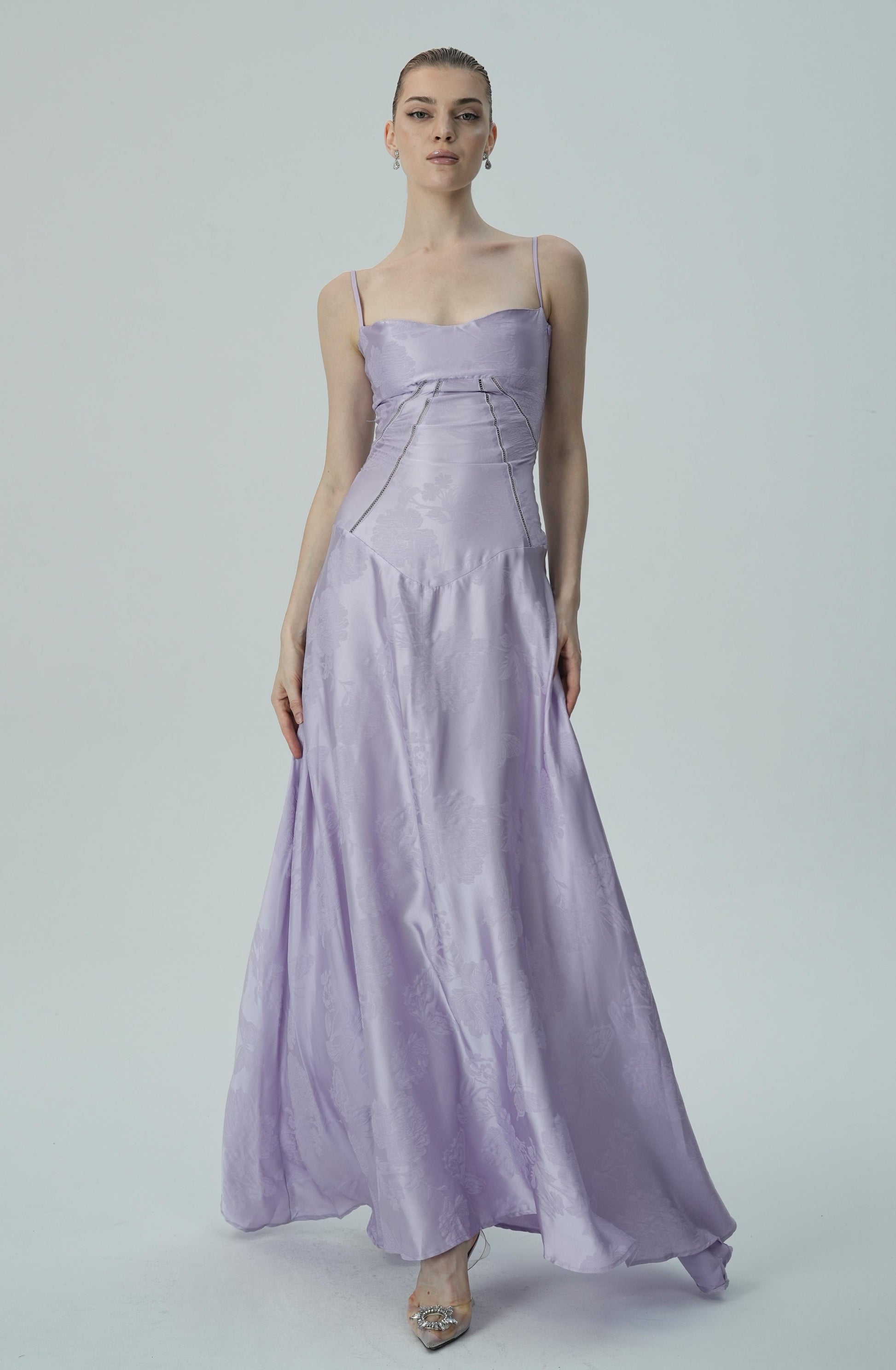 Olyssa Lavanta Çiçekli Jakarlı Saten Maksi Elbise