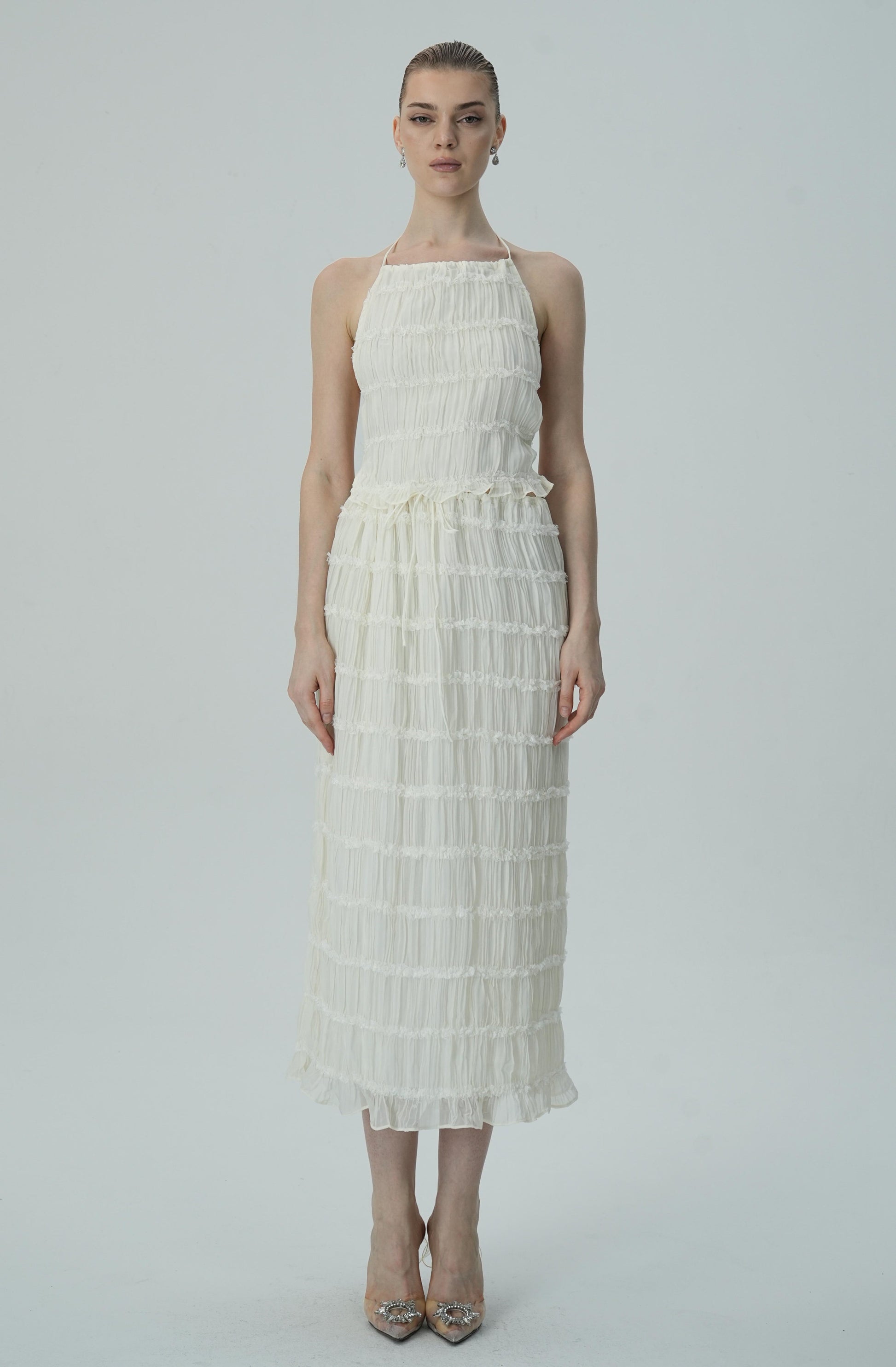 Olyssa Narin Fildişi Katmanlı Halter Midi Elbise