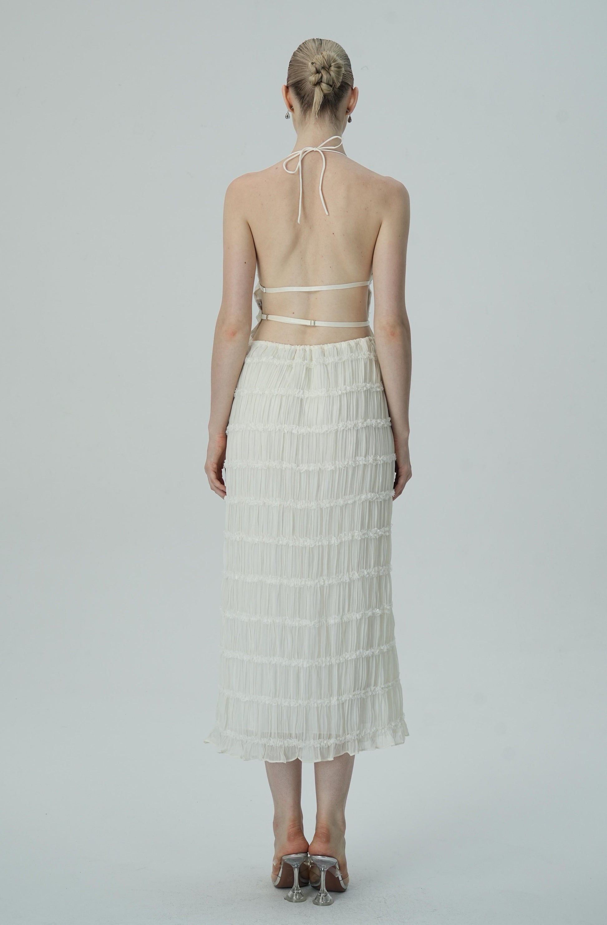 Olyssa Narin Fildişi Katmanlı Halter Midi Elbise