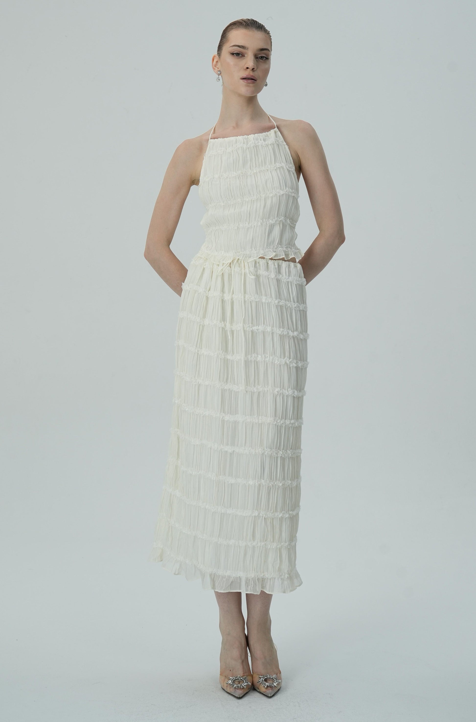 Olyssa Narin Fildişi Katmanlı Halter Midi Elbise