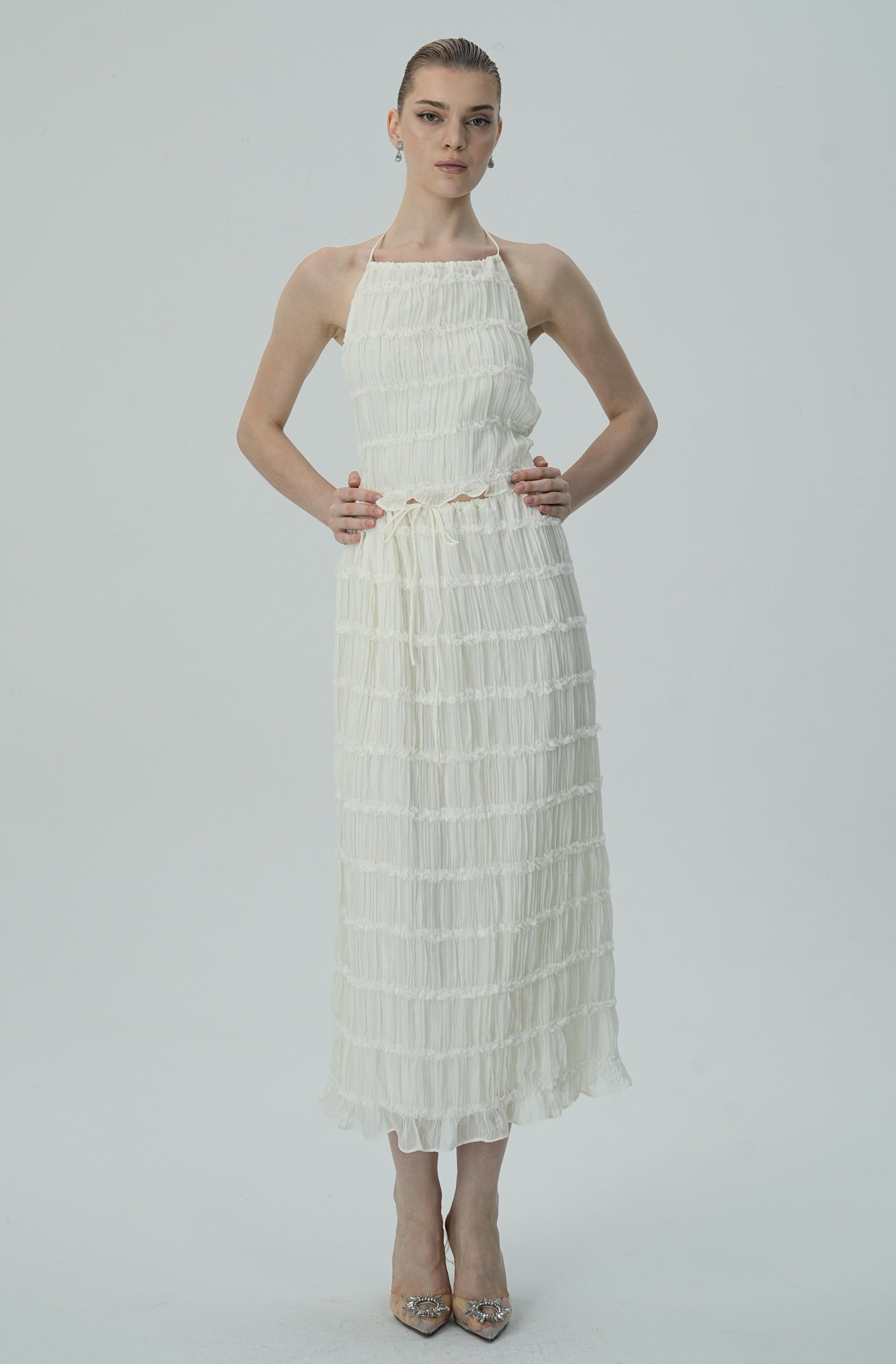 Olyssa Narin Fildişi Katmanlı Halter Midi Elbise