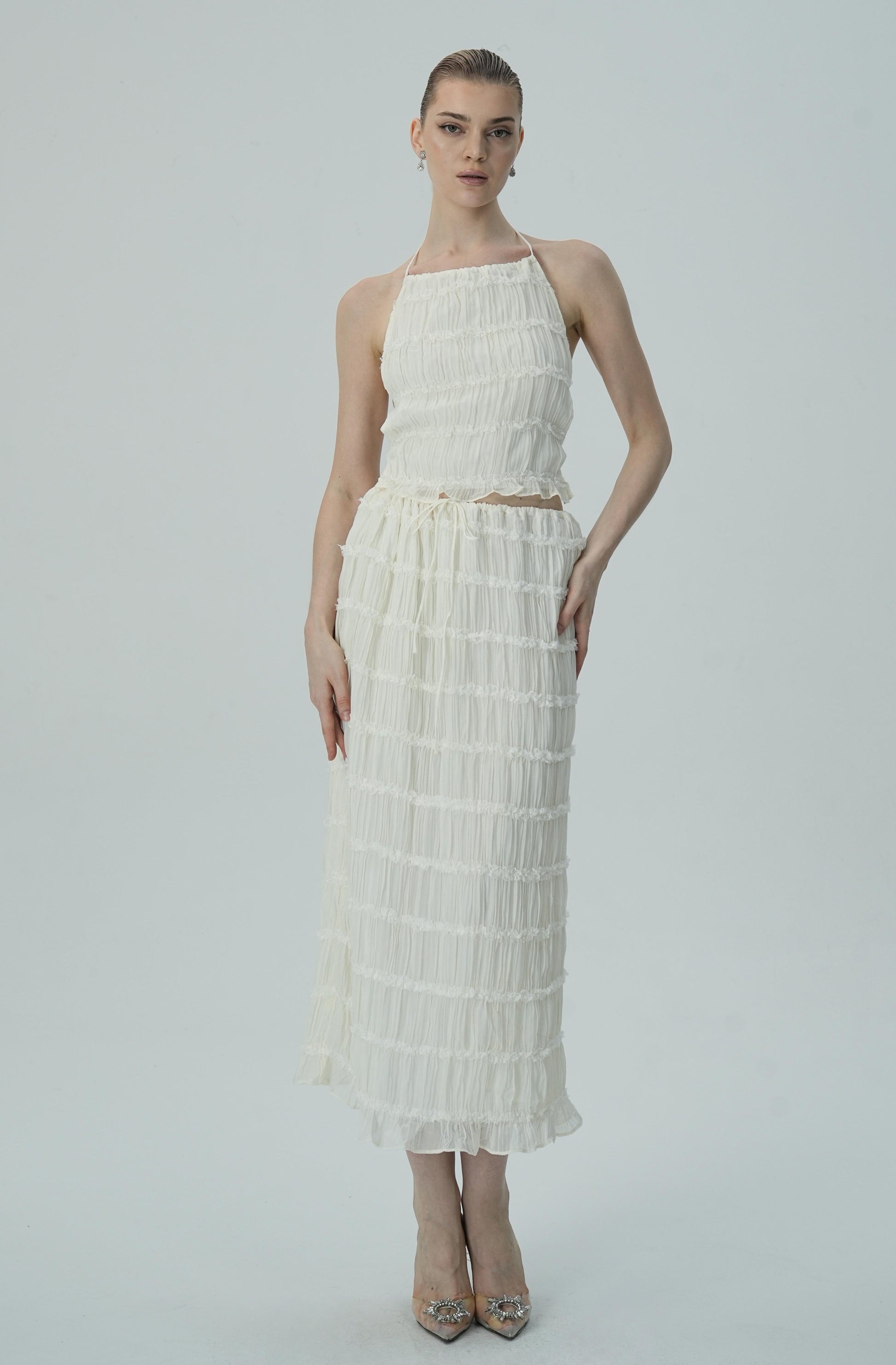 Olyssa Narin Fildişi Katmanlı Halter Midi Elbise