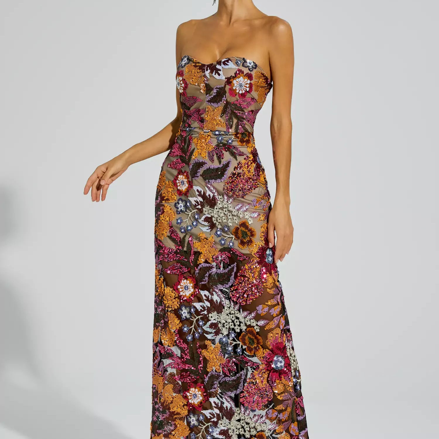 Olyssa Kırmızı Çiçek İşlemeli Maksi Elbise