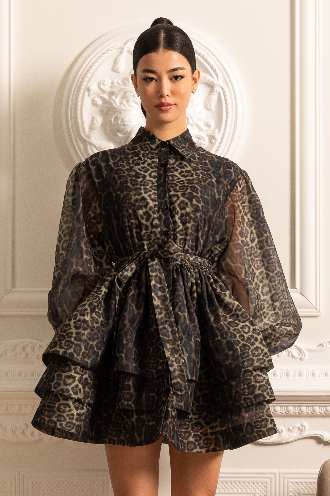 Olyssa Etekli Leopar Desenli Uzun Kollu Elbise