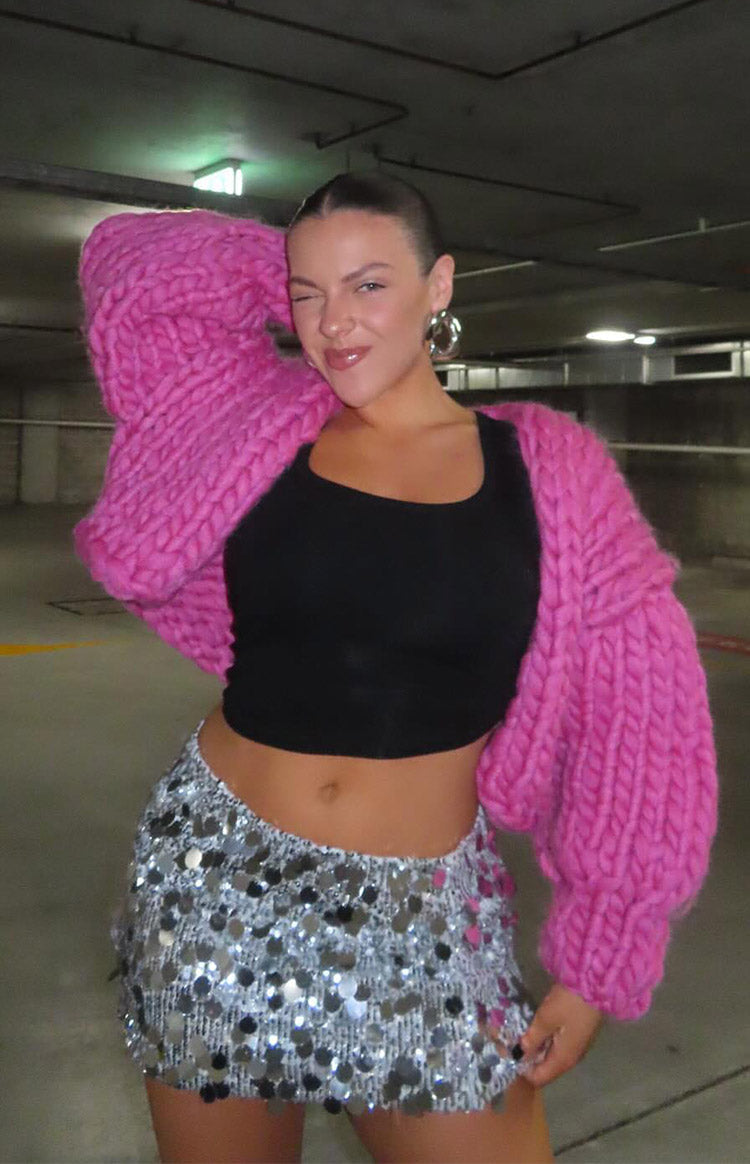 Gümüş Payetli Mini Etek