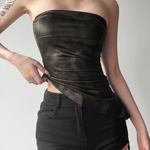 Straplez Sedefli Crop Bluz