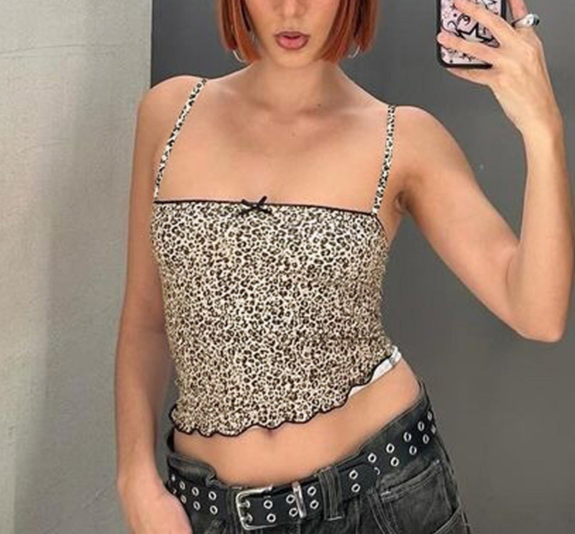 Grecia Leopar Desenli Crop Bluz Premium Polyester Pamuk