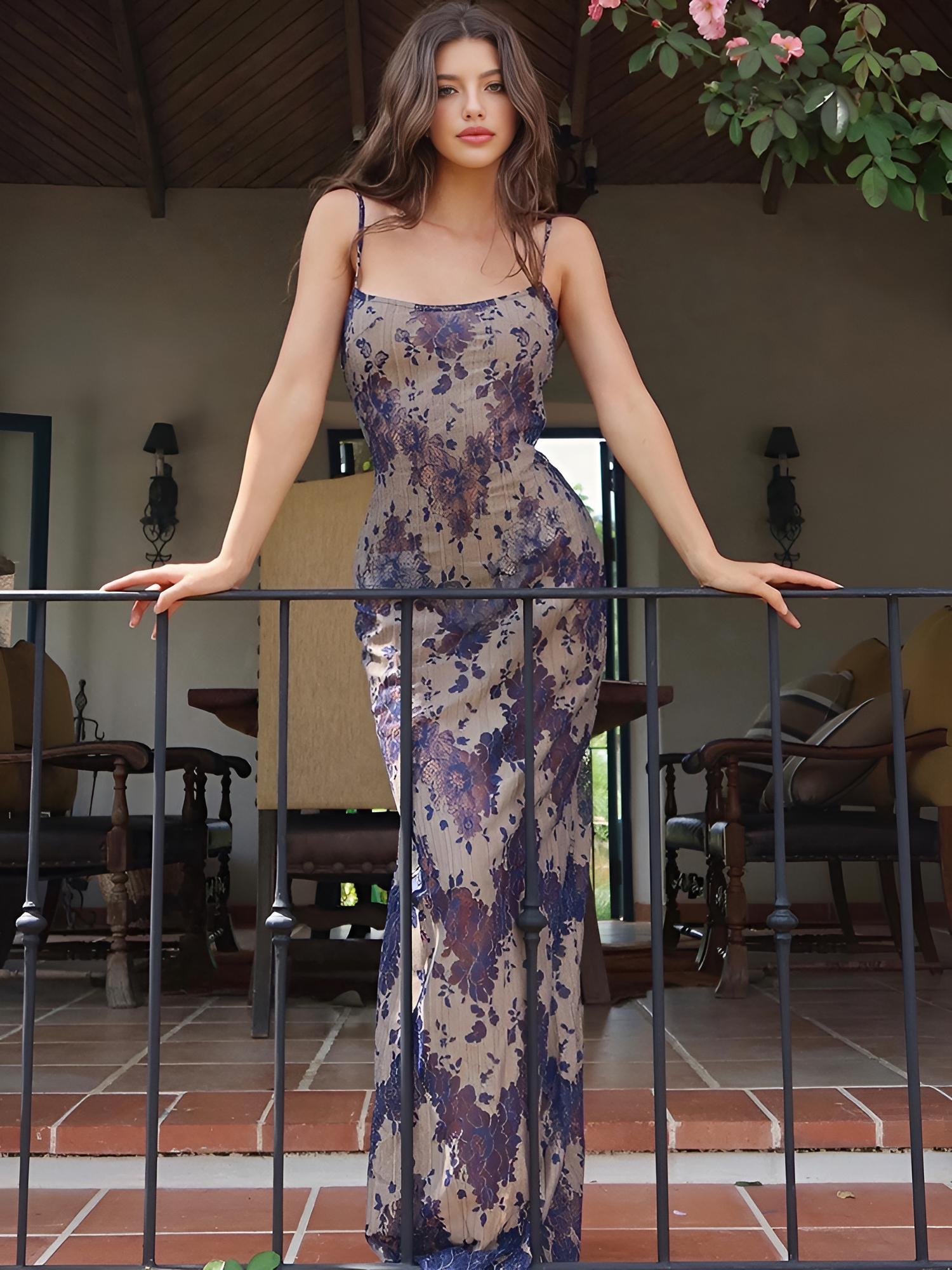 Olyssa Verna Baskılı Sırt Bağcıklı Uzun Elbise