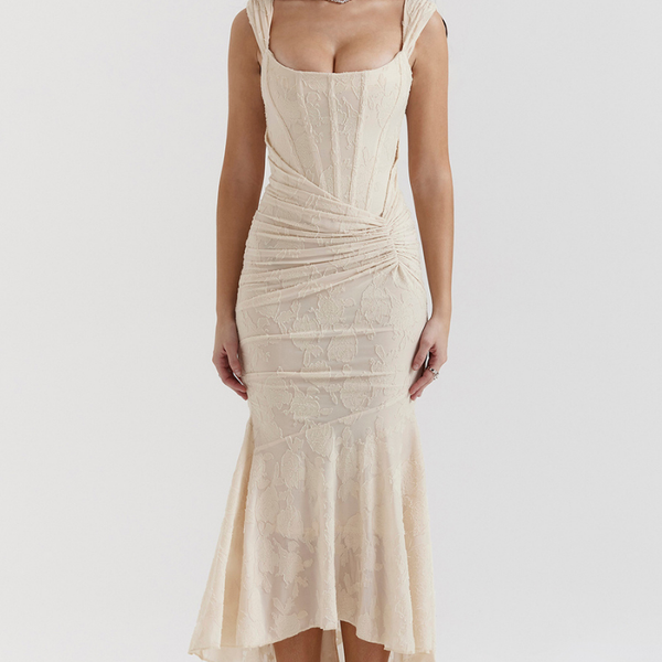 Bej Renkli Octavie Büzgülü Korse Maxi Elbise