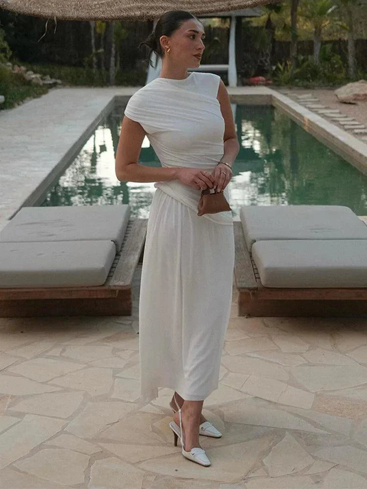 Olyssa Sophia Beyaz Drapeli Midi Elbise