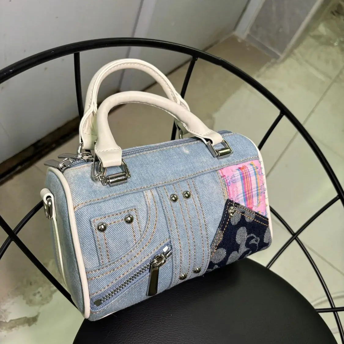 Patchwork Denim & Deri Detaylı El Çantası