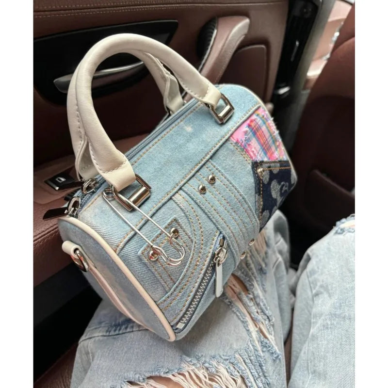Patchwork Denim & Deri Detaylı El Çantası