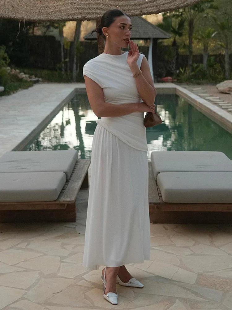 Olyssa Sophia Beyaz Drapeli Midi Elbise