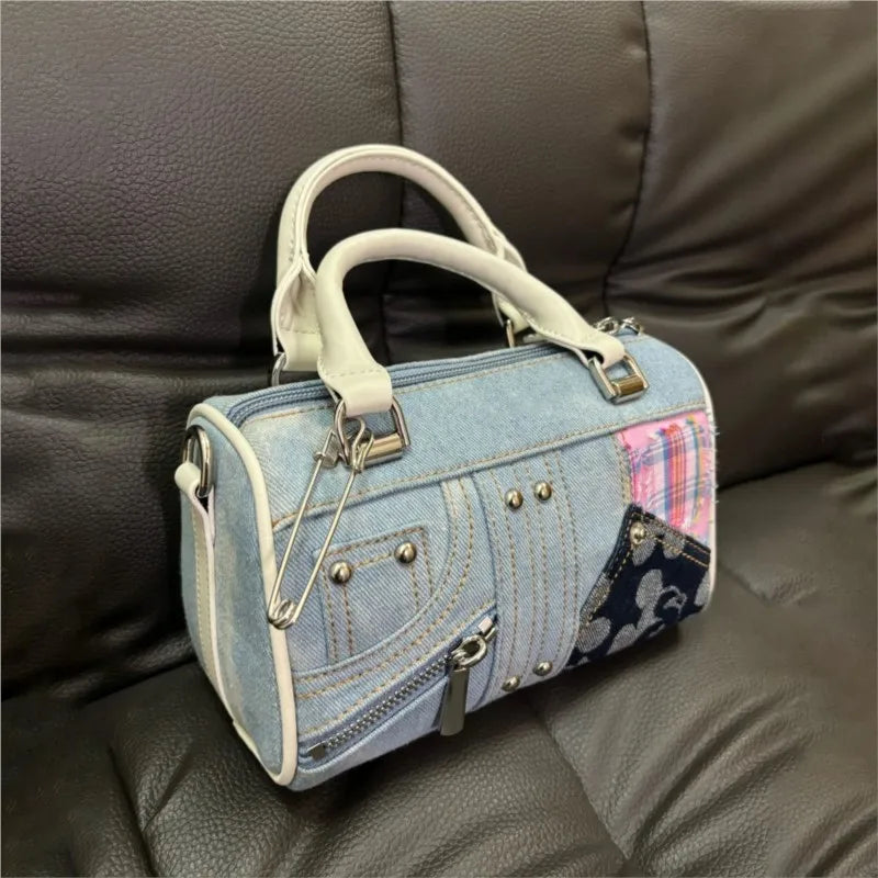Patchwork Denim & Deri Detaylı El Çantası