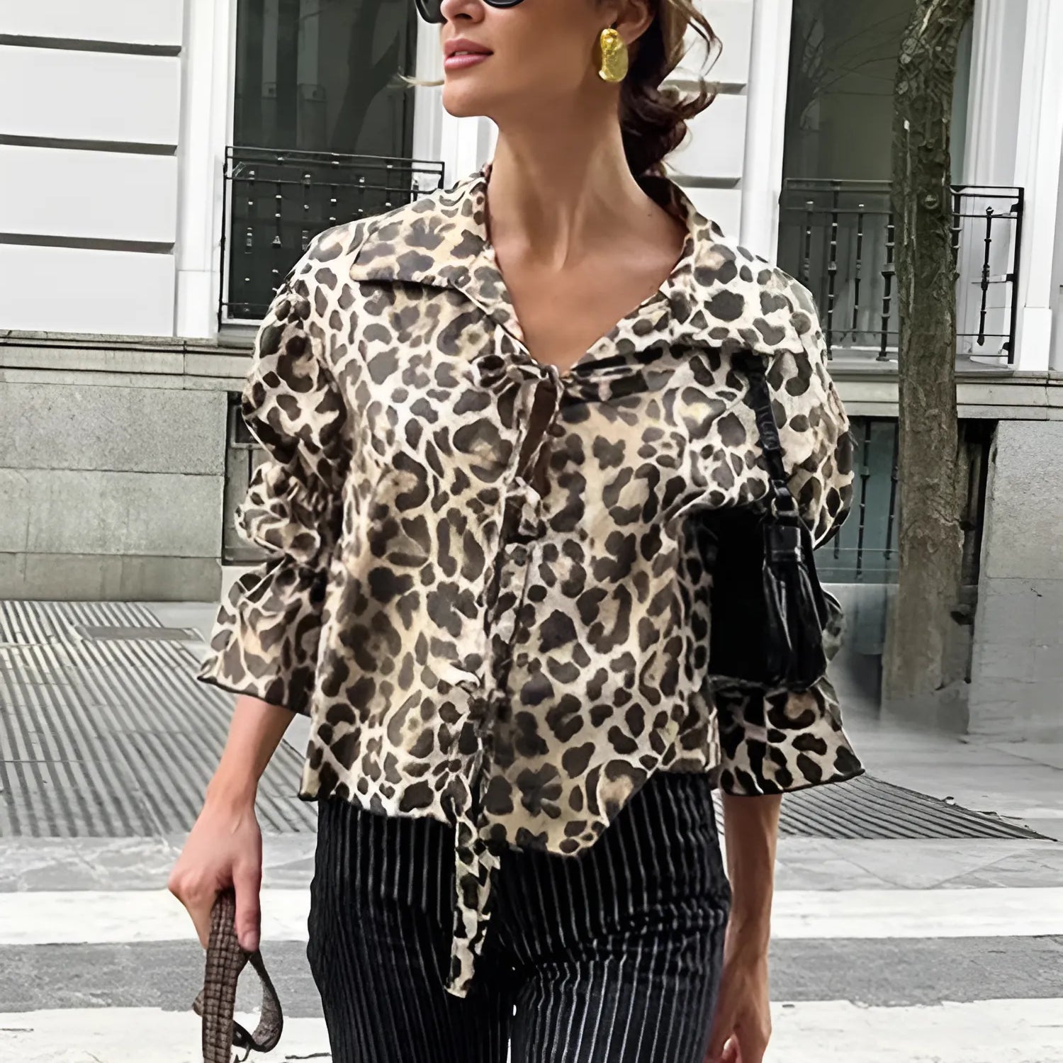 Leopar Desenli Bağlamalı Gömlek Bluz