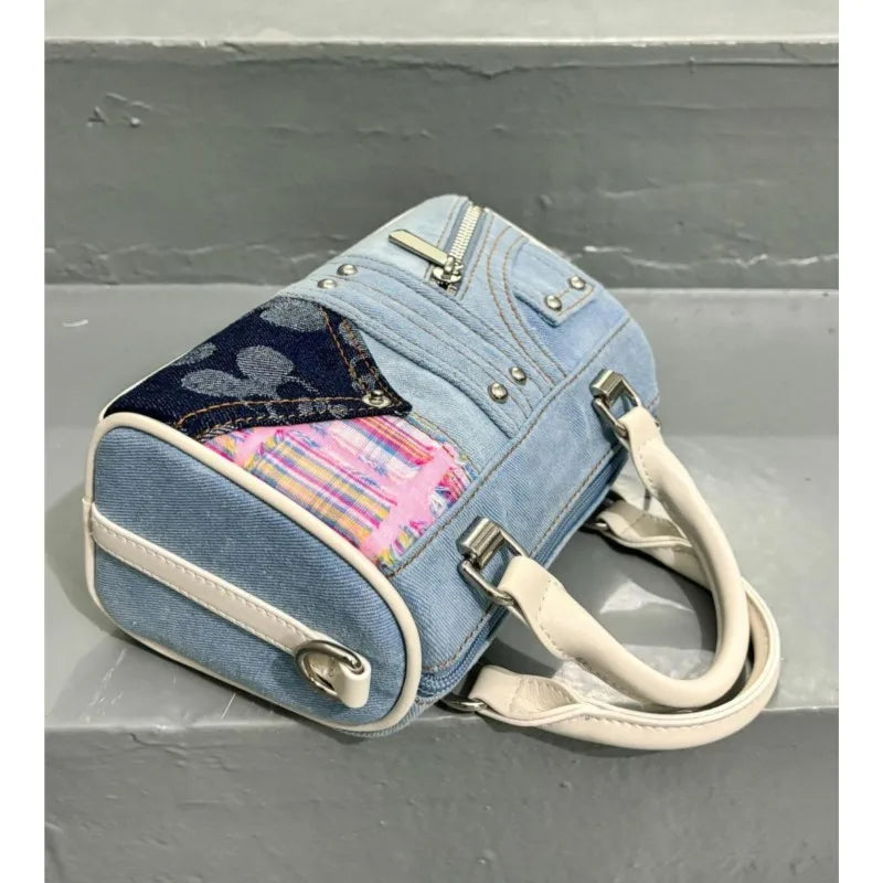 Patchwork Denim & Deri Detaylı El Çantası