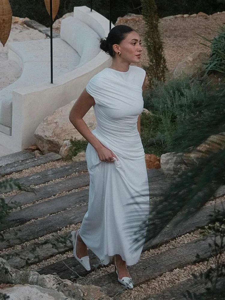 Olyssa Sophia Beyaz Drapeli Midi Elbise