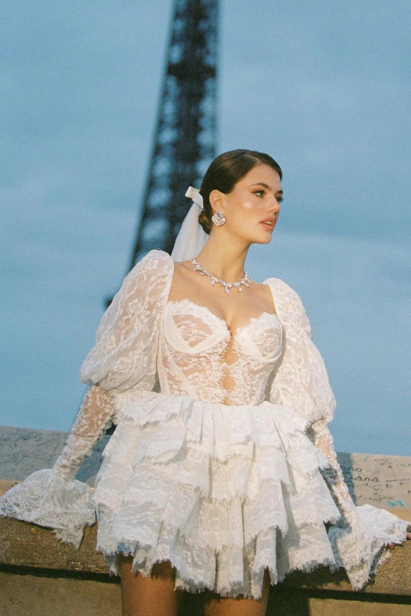 Olyssa Bonnie Dantel Puf Kollu Mini Elbise