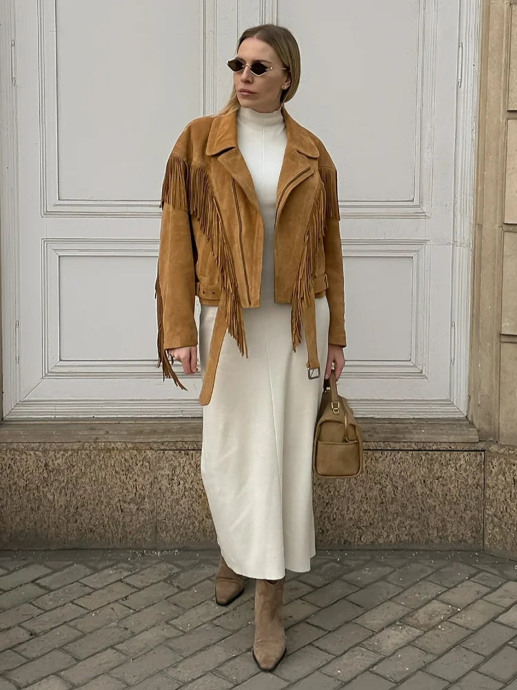 Karamel Püsküllü Süet Ceket