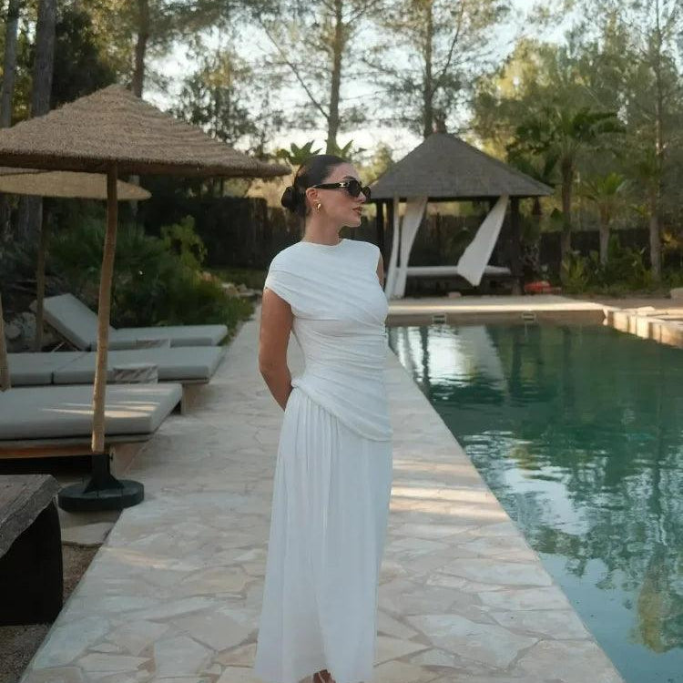 Olyssa Sophia Beyaz Drapeli Midi Elbise