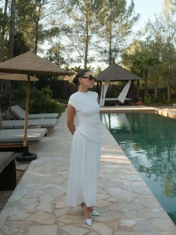 Olyssa Sophia Beyaz Drapeli Midi Elbise