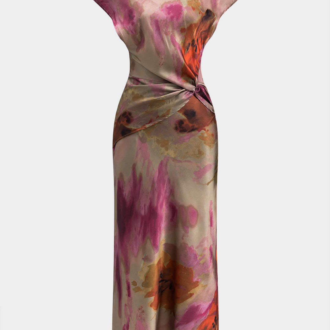 Tie Dye Fırfırlı Kesik Düğme Dönüşüm Knot Midi Elbise