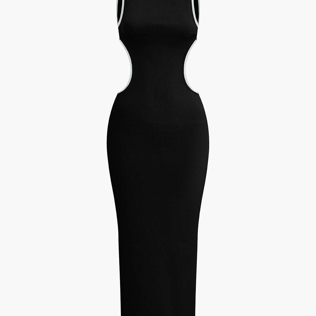 Kontrast Kesim Açık Sırt Maxi Elbise