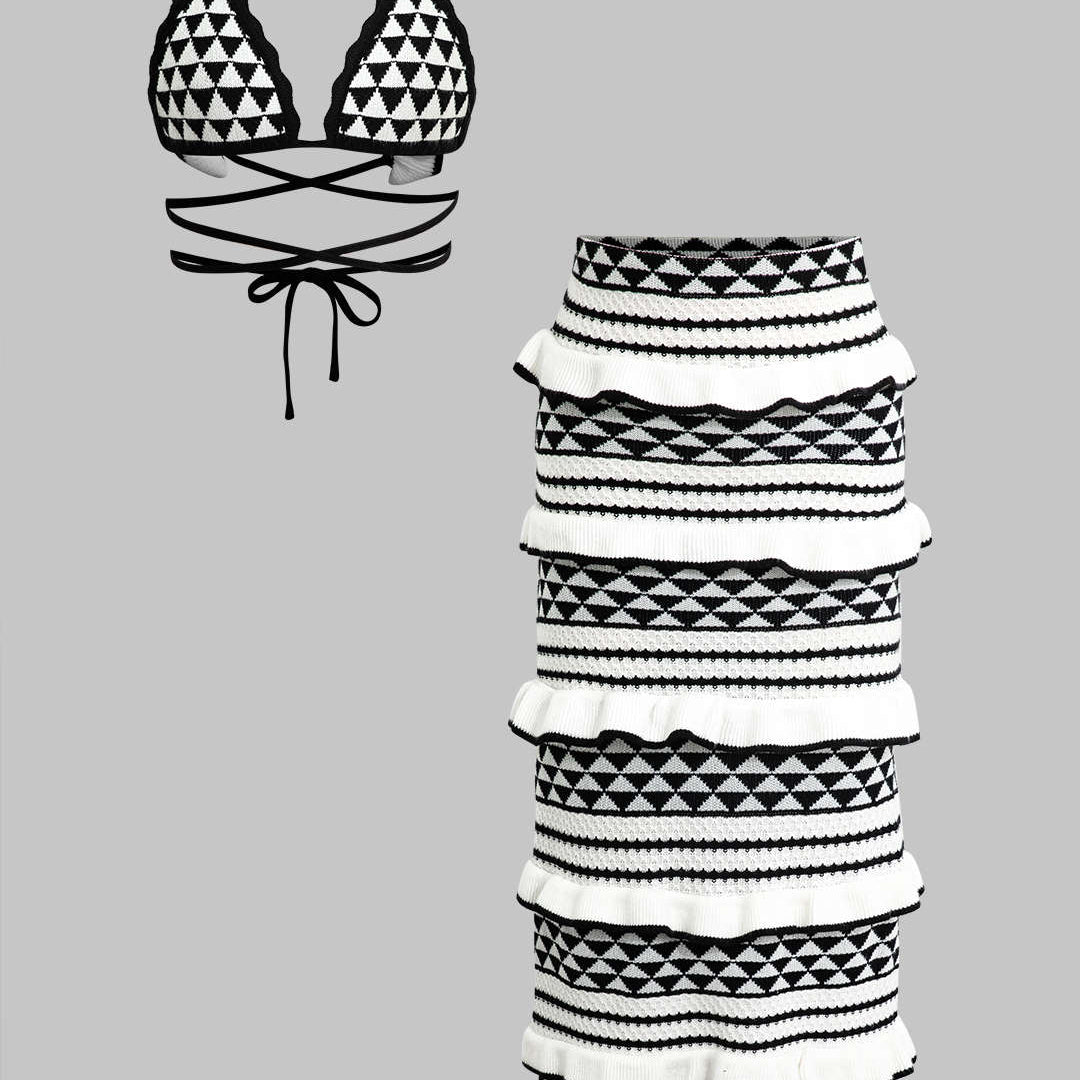 Çizgili Korse Sütyen Üstü ve Katmanlı Ruffle Örgü Midi Etek Seti