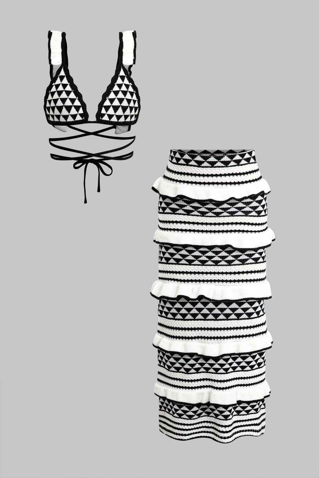 Çizgili Korse Sütyen Üstü ve Katmanlı Ruffle Örgü Midi Etek Seti