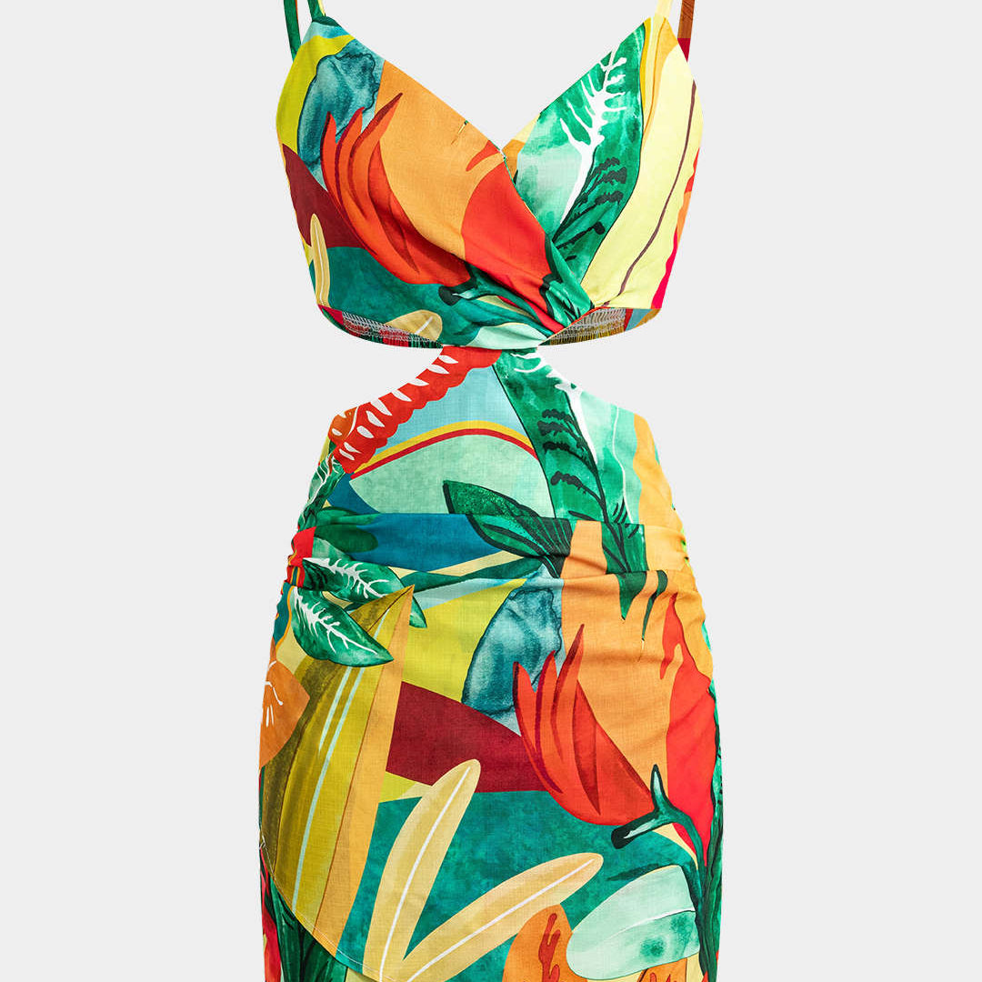 Yaprak Desenli Kesik Mini Elbise