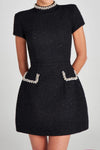 Boncuk Sahte Cep Fermuarlı Kısa Kollu Mini Elbise