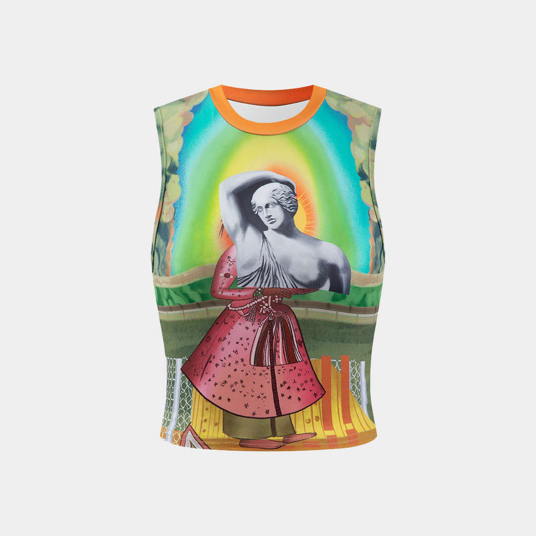 Retro Heykel Baskılı Askılı Bluz