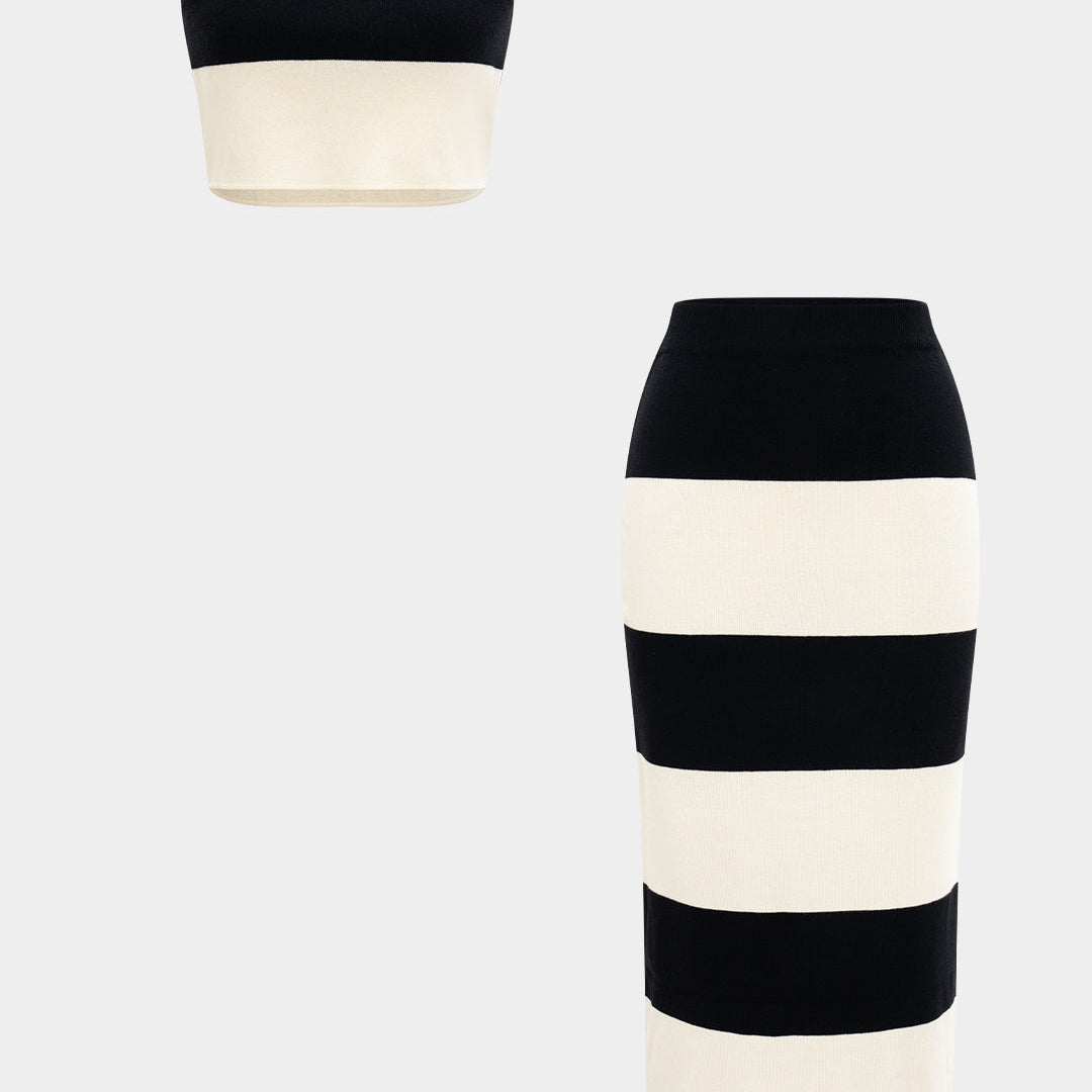 Örgü Kontrast Askılı Üst ve Etek Takımı