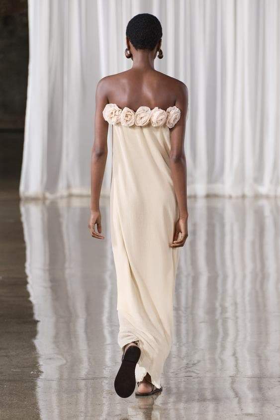 Olyssa Alva Çiçekli Örme Straplez Uzun Elbise